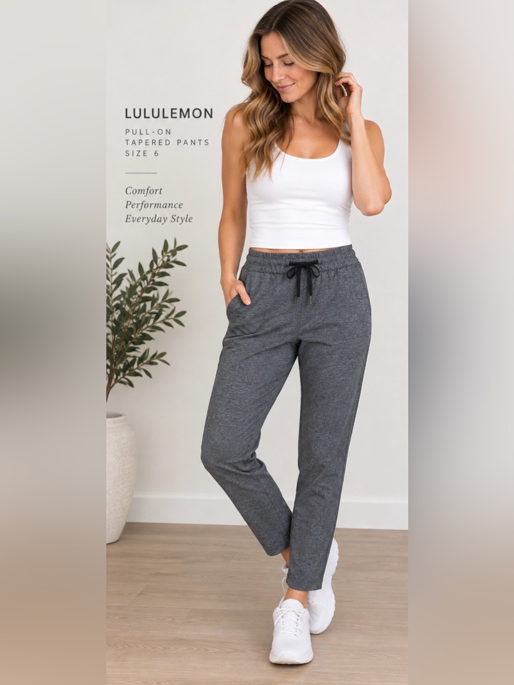122 Lululemon Size 6 Heathered Gray Drawstring Pull On Tapered Pants 28”